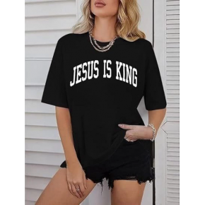 Kadın Baskılı T-Shirt Kısa Kol Bisiklet Yaka Oversize Rahat Kalıp Tişört - Siyah