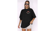 Kadın Baskılı T-Shirt Kısa Kol Bisiklet Yaka Oversize Rahat Kalıp Tişört - Siyah