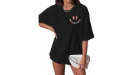 Kadın Baskılı T-Shirt Kısa Kol Bisiklet Yaka Oversize Rahat Kalıp Tişört - Siyah