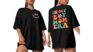 Kadın Baskılı T-Shirt Kısa Kol Bisiklet Yaka Oversize Rahat Kalıp Tişört - Siyah