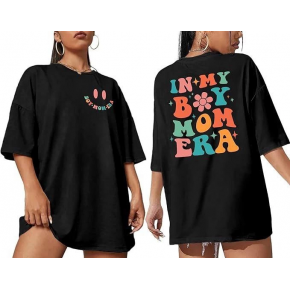 Kadın Baskılı T-Shirt Kısa Kol Bisiklet Yaka Oversize Rahat Kalıp Tişört - Siyah