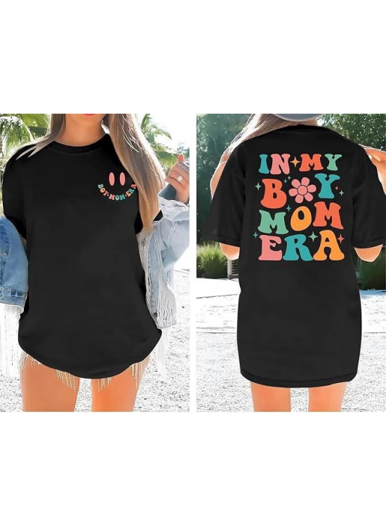 Kadın Baskılı T-Shirt Kısa Kol Bisiklet Yaka Oversize Rahat Kalıp Tişört - Siyah