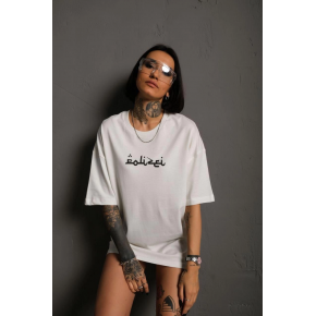 Kadın Bisiklet Yakalı Sırt Baskılı  Kısa kol Oversize T-Shirt - Beyaz