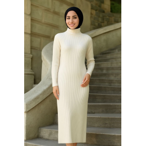 Kadın Tesettür Triko Elbise Boğazlı Uzun Fitilli Dokuma Esnek Tam Kalıp 130 cm - Beyaz