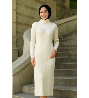 Kadın Tesettür Triko Elbise Boğazlı Uzun Fitilli Dokuma Esnek Tam Kalıp 130 cm - Beyaz
