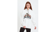 Kadın Oversize Kapüşonlu Cepli Baskılı 3 İplik Pamuklu Hoodie Sweatshirt - Beyaz