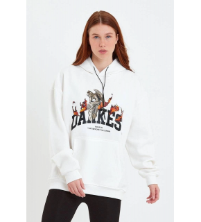 Kadın Oversize Kapüşonlu Cepli Baskılı 3 İplik Pamuklu Hoodie Sweatshirt - Beyaz