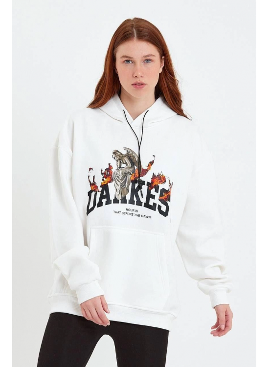 Kadın Oversize Kapüşonlu Cepli Baskılı 3 İplik Pamuklu Hoodie Sweatshirt - Beyaz