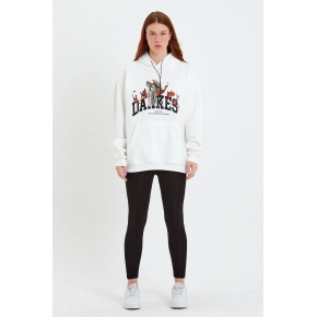 Kadın Oversize Kapüşonlu Cepli Baskılı 3 İplik Pamuklu Hoodie Sweatshirt - Beyaz