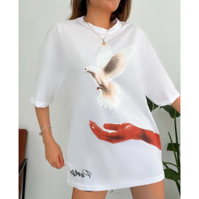 Kadın Kısa Kol Yazlık Tişört Bisiklet Yaka Uzi Güvercin Baskılı T-Shirt - Beyaz