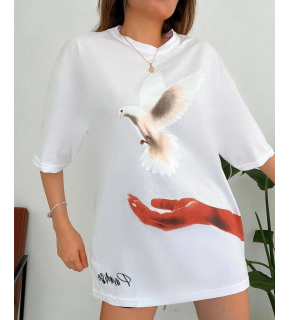 Kadın Kısa Kol Yazlık Tişört Bisiklet Yaka Uzi Güvercin Baskılı T-Shirt - Beyaz