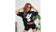 Kadın Kısa Kol Yazlık Tişört Bisiklet Yaka Uzi Güvercin Baskılı T-Shirt - Siyah Kadın Kısa Kol Yazlık Tişört Bisiklet Yaka Uzi Güvercin Baskılı T-Shirt - Siyah