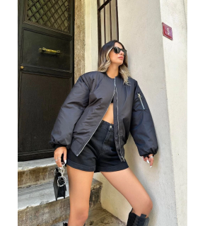 Kadın Oversize Bomber Ceket – Siyah, Fermuarlı, Sokak Modası Tarzı Mont - Siyah