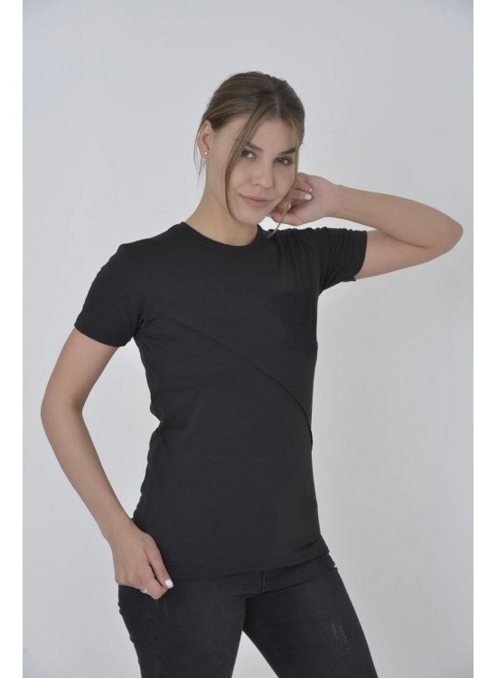 Kadın File Cepli T-Shirt Kısa Kol Bisiklet Yaka Slimfit Tişört - Siyah Kadın File Cepli T-Shirt Kısa Kol Bisiklet Yaka Slimfit Tişört - Siyah
