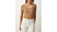 Kadın Fitilli Likralı Body Crop - Camel Kadın Fitilli Likralı Body Crop - Camel