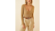 Kadın Fitilli Likralı Body Crop - Camel Kadın Fitilli Likralı Body Crop - Camel
