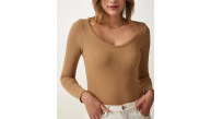 Kadın Fitilli Likralı Body Crop - Camel Kadın Fitilli Likralı Body Crop - Camel