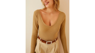 Kadın Fitilli Likralı Body Crop - Camel Kadın Fitilli Likralı Body Crop - Camel