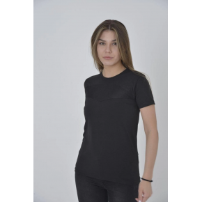 Kadın Gögüs Fileli T-Shirt Kısa Kol Bisiklet Yaka Slimfit Tişört   - Siyah