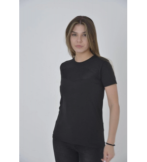 Kadın Gögüs Fileli T-Shirt Kısa Kol Bisiklet Yaka Slimfit Tişört   - Siyah