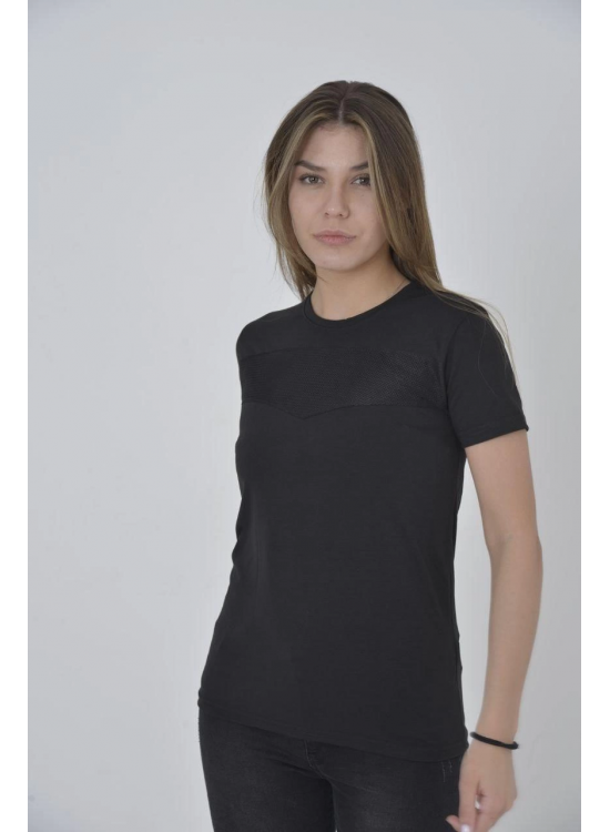 Kadın Gögüs Fileli T-Shirt Kısa Kol Bisiklet Yaka Slimfit Tişört - Siyah Kadın Gögüs Fileli T-Shirt Kısa Kol Bisiklet Yaka Slimfit Tişört - Siyah