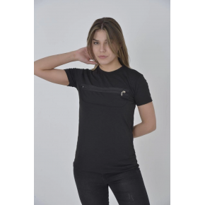Kadın Gögüs Fermuarlı T-Shirt Kısa Kol Bisiklet Yaka Slimfit Tişört - Siyah