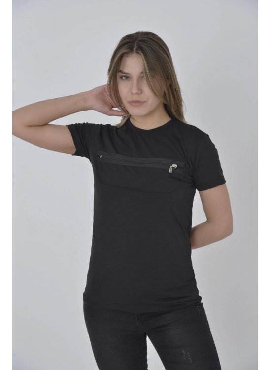 Kadın Gögüs Fermuarlı T-Shirt Kısa Kol Bisiklet Yaka Slimfit Tişört - Siyah Kadın Gögüs Fermuarlı T-Shirt Kısa Kol Bisiklet Yaka Slimfit Tişört - Siyah