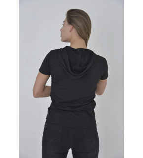 Kadın Kapüşonlu T-Shirt Kısa Kol Bisiklet Yaka Slimfit Tişört   - Siyah