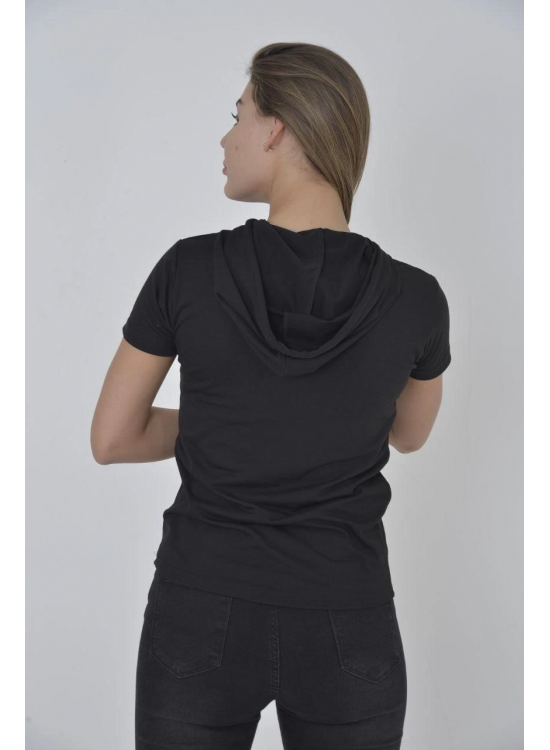 Kadın Kapüşonlu T-Shirt Kısa Kol Bisiklet Yaka Slimfit Tişört - Siyah Kadın Kapüşonlu T-Shirt Kısa Kol Bisiklet Yaka Slimfit Tişört - Siyah