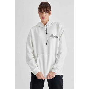 Kadın Oversize Kapüşonlu Cepli TUPAC Baskılı 3 İplik Pamuklu Hoodie Sweatshirt - Beyaz
