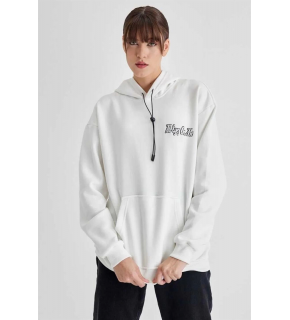Kadın Oversize Kapüşonlu Cepli TUPAC Baskılı 3 İplik Pamuklu Hoodie Sweatshirt - Beyaz