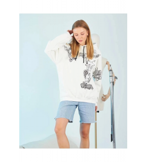 Kadın Oversize Kapüşonlu Baskılı 3 İplik Pamuklu Hoodie Sweatshirt - Beyaz