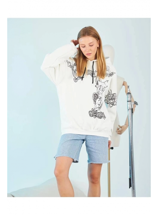 Kadın Oversize Kapüşonlu Baskılı 3 İplik Pamuklu Hoodie Sweatshirt - B Kadın Oversize Kapüşonlu Baskılı 3 İplik Pamuklu Hoodie Sweatshirt - B