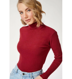 Kadın Kaşkorse Boğazlı Full Likralı Fitilli Body Kazak - Bordo