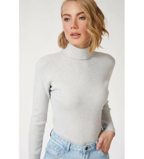 Kadın Kaşkorse Boğazlı Full Likralı Fitilli Body Kazak - Gri