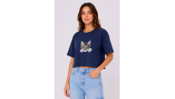 Kadın Kedi Baskılı Oversize Crop Tişört Salaş Basic Yarım Kol T-shirt - Lacivert Kadın Kedi Baskılı Oversize Crop Tişört Salaş Basic Yarım Kol T-shirt - Lacivert