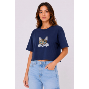Kadın Kedi Baskılı Oversize Crop Tişört Salaş Basic Yarım Kol T-shirt - Lacivert
