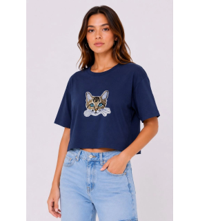 Kadın Kedi Baskılı Oversize Crop Tişört Salaş Basic Yarım Kol T-shirt - Lacivert