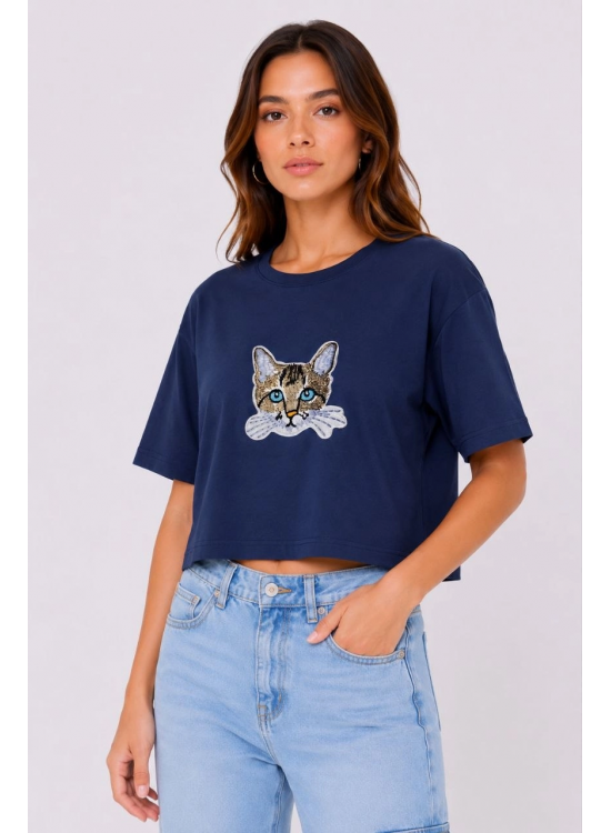 Kadın Kedi Baskılı Oversize Crop Tişört Salaş Basic Yarım Kol T-shirt - Lacivert Kadın Kedi Baskılı Oversize Crop Tişört Salaş Basic Yarım Kol T-shirt - Lacivert