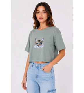 Kadın Kedi Baskılı Oversize Crop Tişört Salaş Basic Yarım Kol T-shirt - Mint Yeşili