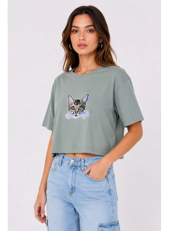 Kadın Kedi Baskılı Oversize Crop Tişört Salaş Basic Yarım Kol T-shirt - Mint Yeşili Kadın Kedi Baskılı Oversize Crop Tişört Salaş Basic Yarım Kol T-shirt - Mint Yeşili