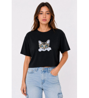 Kadın Kedi Baskılı Oversize Crop Tişört Salaş Basic Yarım Kol T-shirt - Siyah