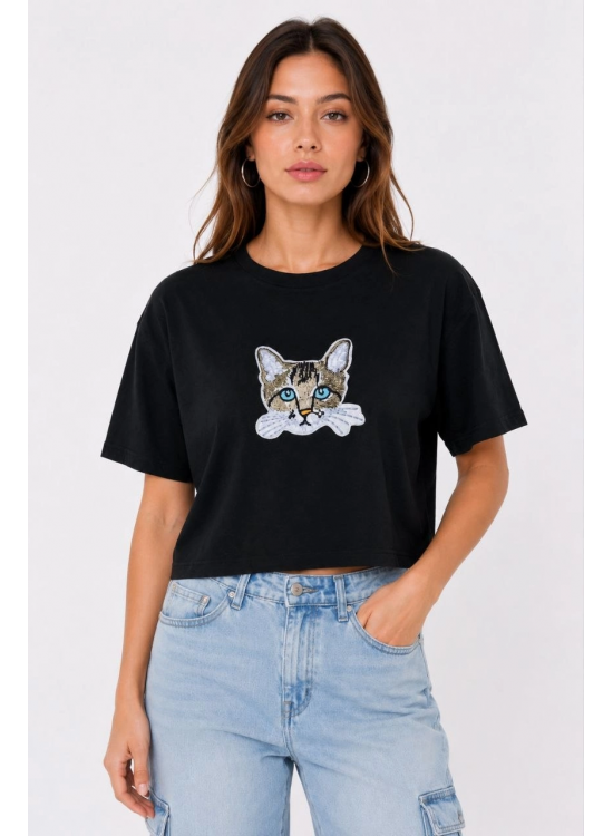 Kadın Kedi Baskılı Oversize Crop Tişört Salaş Basic Yarım Kol T-shirt - Siyah Kadın Kedi Baskılı Oversize Crop Tişört Salaş Basic Yarım Kol T-shirt - Siyah