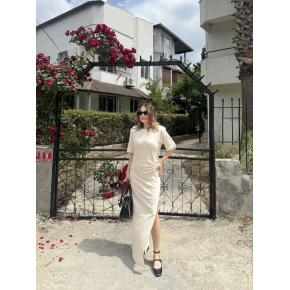 Kadın Kısa Kollu Uzun Yandan Yırtmaçlı Elbise - Bej