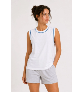Kadın Kontrast Biyeli Kolsuz Atlet Bisiklet Yaka Yazlık Basic Atlet - Beyaz