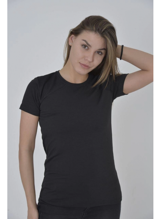 Kadın Omuz Fileli T-Shirt Kısa Kol Bisiklet Yaka Slimfit Tişört - Siyah Kadın Omuz Fileli T-Shirt Kısa Kol Bisiklet Yaka Slimfit Tişört - Siyah