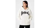 Kadın Kapüşonlu 3 İplik Pamuklu Önü Baskılı Fermuarlı Oversize Hoodie Sweatshirt - Beyaz