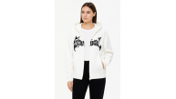 Kadın Kapüşonlu 3 İplik Pamuklu Önü Baskılı Fermuarlı Oversize Hoodie Sweatshirt - Beyaz