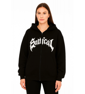 Kadın Kapüşonlu 3 İplik Şardonlu Önü Baskılı Fermuarlı Oversize Sweatshirt - Siyah