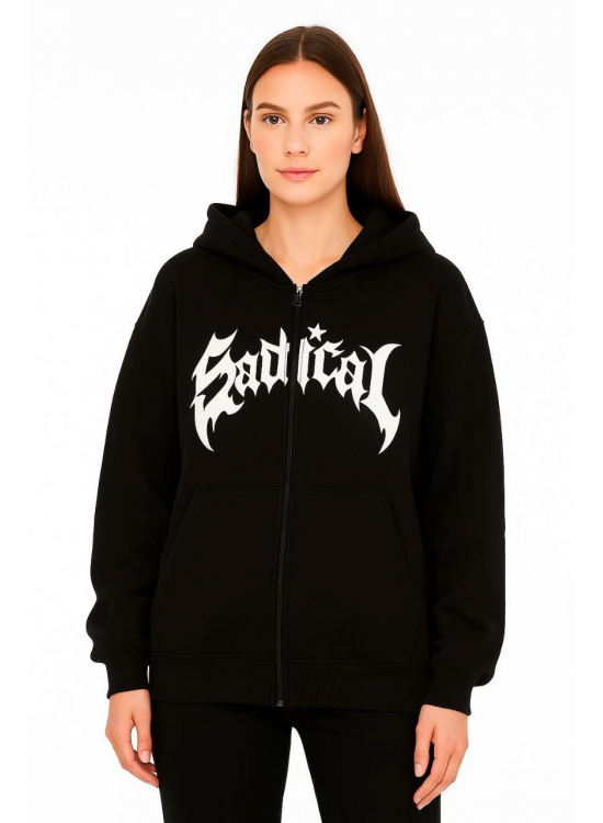 Kadın Kapüşonlu 3 İplik Şardonlu Önü Baskılı Fermuarlı Oversize Sweatshirt - Siyah Kadın Kapüşonlu 3 İplik Şardonlu Önü Baskılı Fermuarlı Oversize Sweatshirt - Siyah